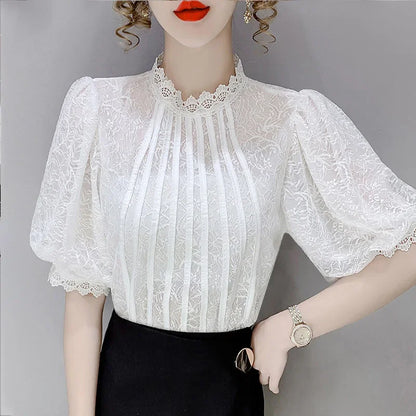 White 's Top 2023 Summer New Bubble Short Sleeve Chiffon Thin T-shirt Unique Lace Little Blusas Clothes for Women Blouse Shirts