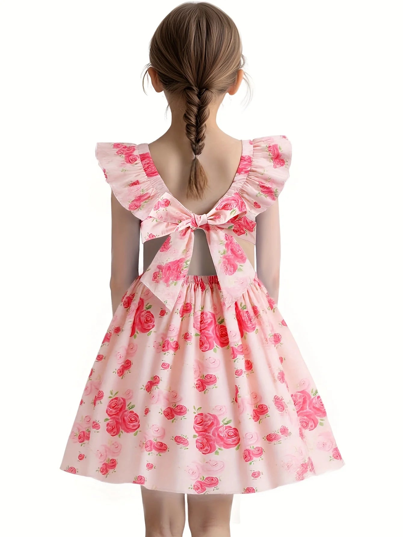 Girls Rose Print Dress Ruffled Flutter Sleeve Back Bow Design Pink Floral Party Dress for Toddler Kids Casual Outdoor Outfit