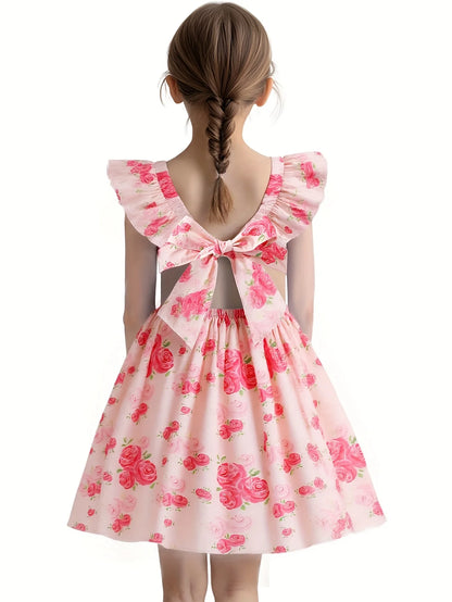 Girls Rose Print Dress Ruffled Flutter Sleeve Back Bow Design Pink Floral Party Dress for Toddler Kids Casual Outdoor Outfit