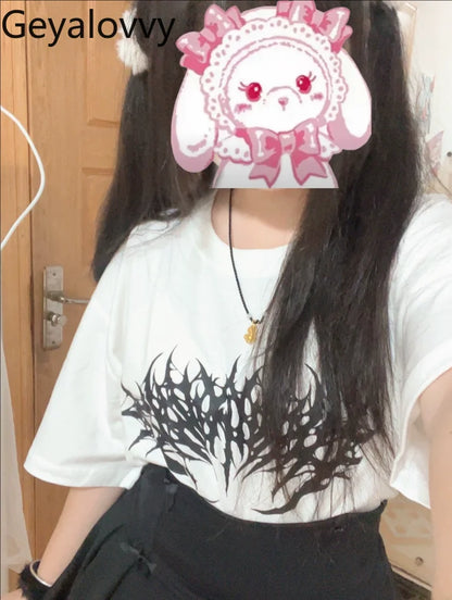 Japanese Mine Dark Goth Punk Summer Short-sleeved T-shirt Sweet Girl Couple T Shirt Versatile Print Simple Mid-length Tops