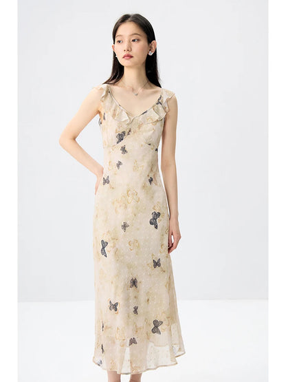 ZIQIAO Chiffon Summer Long Dress Sleeveless Bow Print Female A-LINE Dress Short Sleeve Polyester Dress24ZQ92353+24ZQ92319