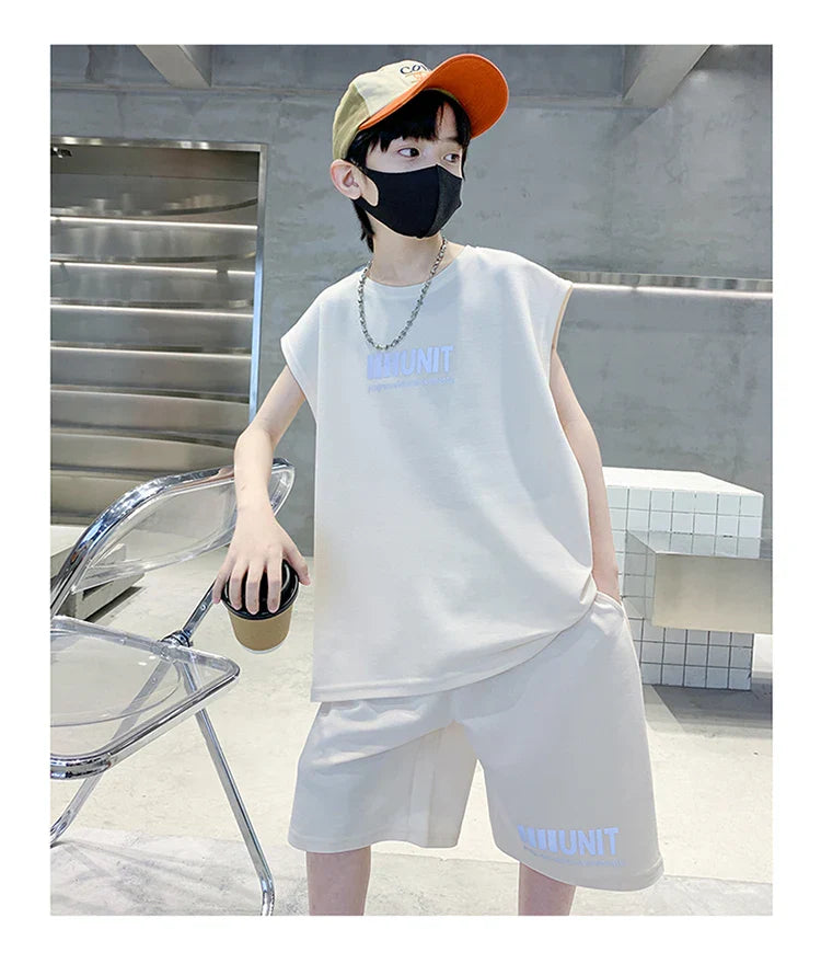 Teenage Summer Tracksuit for Boy with Shorts Tshirt 2 Piece Top and Bottom Clothes Set Kids Child Casual Cotton Outfit Suit Wear