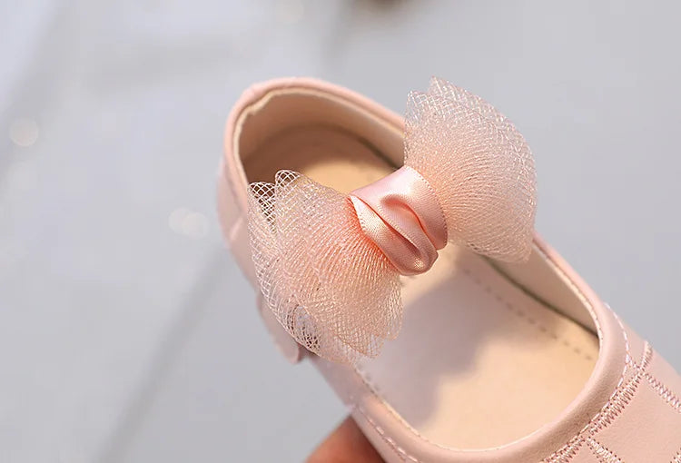 Korean Style Kids Solid Color Embroidered Leather Shoes Girls Big Bow Mesh Flower Princess Flat Dance Shoes
