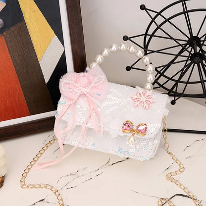 Cute Sequin Bow Kids Mini Square Shoulder Bags Versatile Children Chain Crossbody Bag Lace Girls Pearl Handbags Clutch Purse