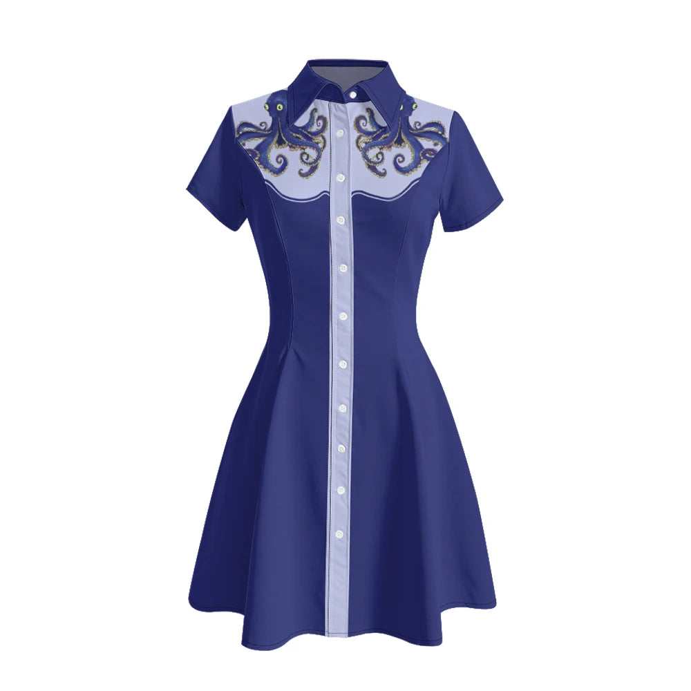 Women's Western Shirt Dress with Music Notes and Dolphin Print Cowboy Collar Button Up Pure Cotton Midi Dress Casual Boho Style