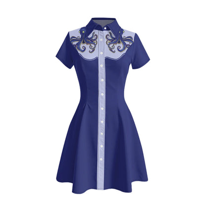 Women's Western Shirt Dress with Music Notes and Dolphin Print Cowboy Collar Button Up Pure Cotton Midi Dress Casual Boho Style