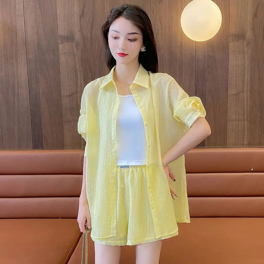 Spring and Summer Sun Protection Women's Set Stylish Loose Shirt Shorts High-end Elegant Women's Three Piece Set