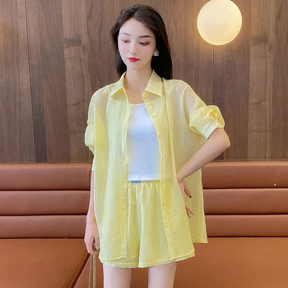 Spring and Summer Sun Protection Women's Set Stylish Loose Shirt Shorts High-end Elegant Women's Three Piece Set