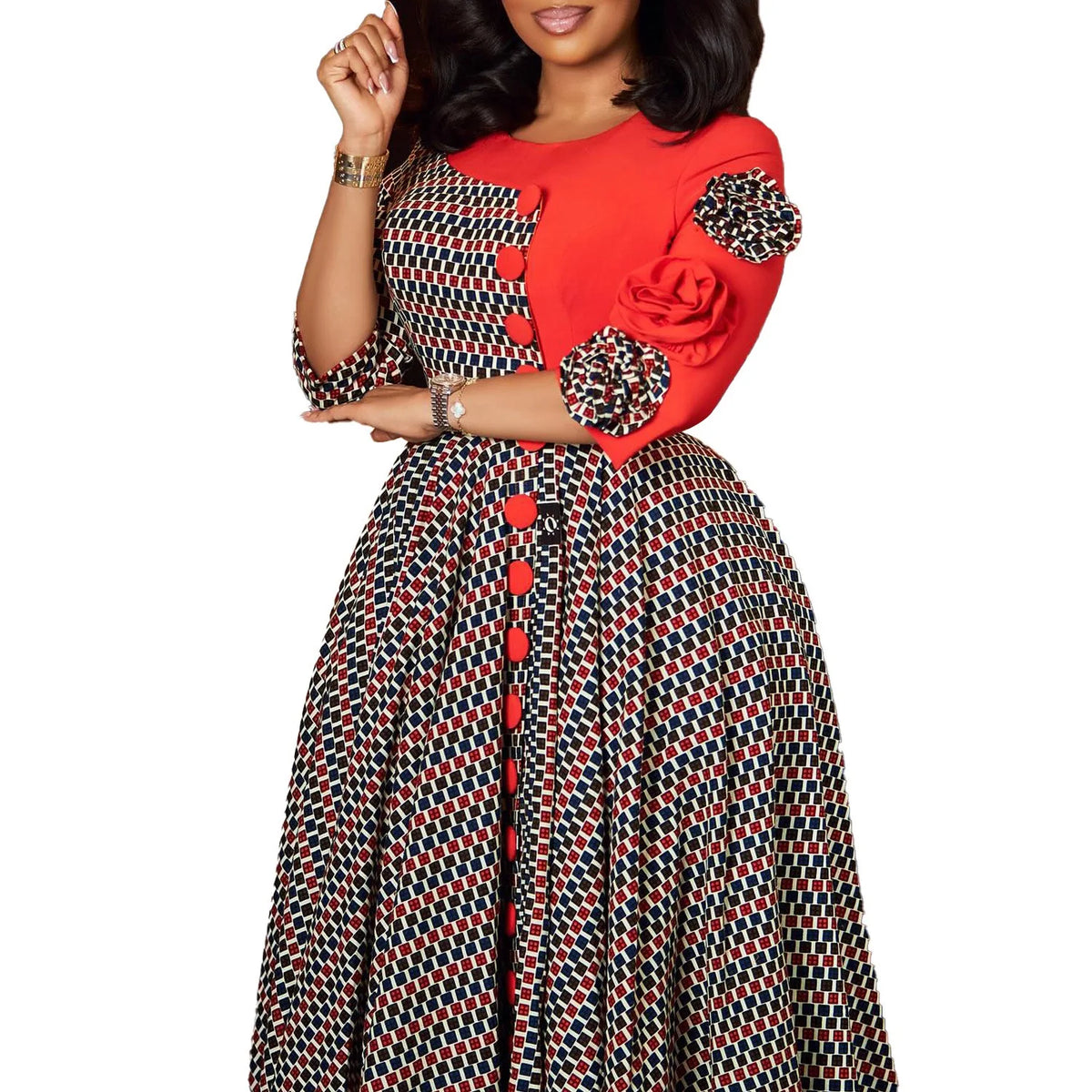 Elegant Dresses for Women O Neck Half Sleeve High Waisted Pleated Mid Calf Fashion Printed Luxury Birthday Party Dinner Dress