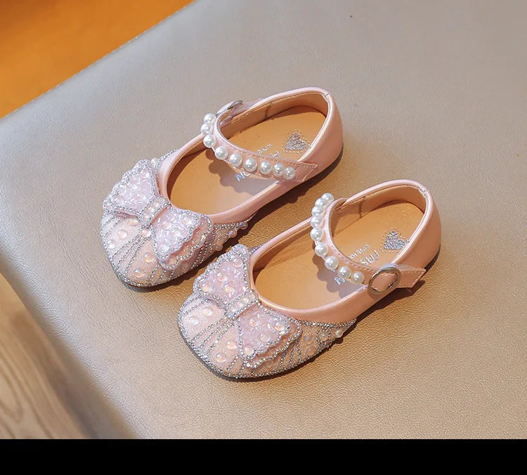 Children's Leather Shoes Bling Sequins Bowknot Princess Shoes for Girls Sweet Chic Kids Causal Wedding Shoes Shallow Versatile