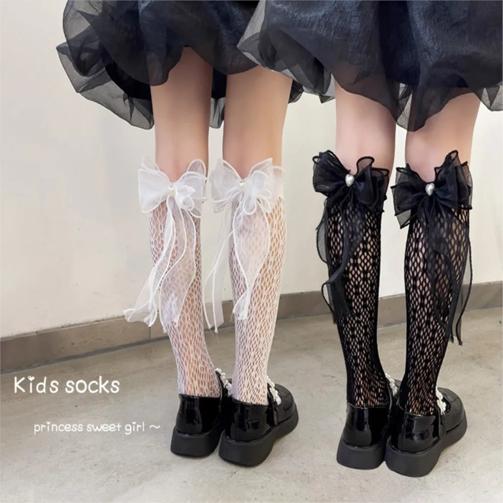 Thin Lolita bow girls' stockings in summer lace bud stockings Japanese princess straight calf socks