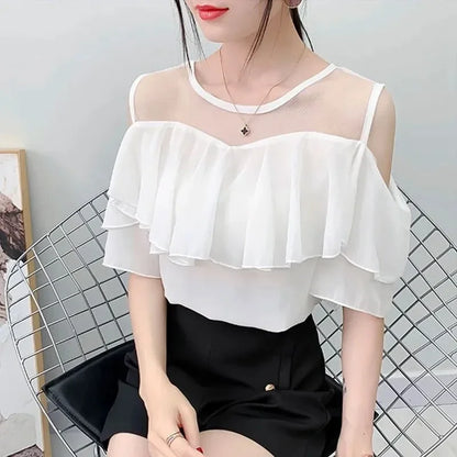 Off Shoulder Sexy Chiffon Blouses Women 2025 Summer Korean Fashion Clothes Ruffles Slim Sweet Ladies Casual Lace Tops Shirts Y2k