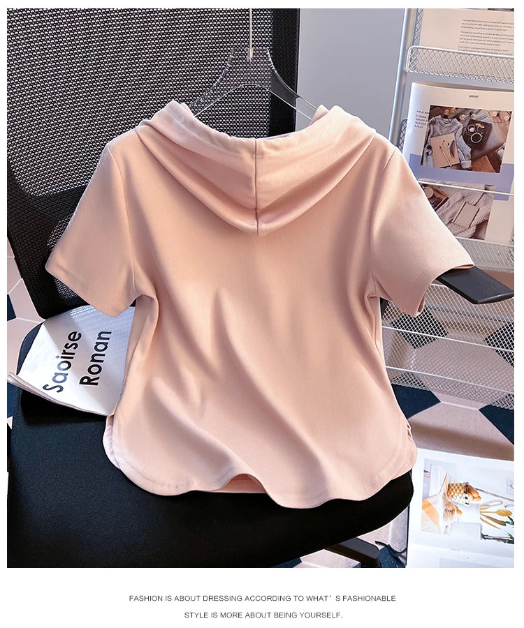 Summer New Women's Zipper Hoodie ort Sve T-irt Pure Cotton Slim Fit ort Fibone Top Korean Sle Commute Faion