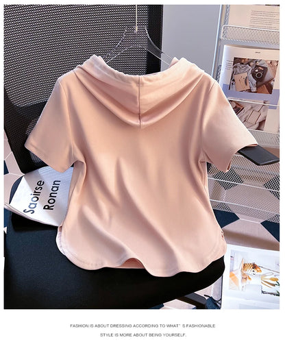 Summer New Women's Zipper Hoodie ort Sve T-irt Pure Cotton Slim Fit ort Fibone Top Korean Sle Commute Faion