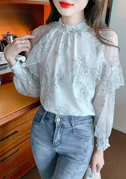 Chiffon Women's Shirt and Blouse Lace Flowers Luxury Designer Youthful Woman Clothes Vintage Clothing Female Tops Trend 2025 New