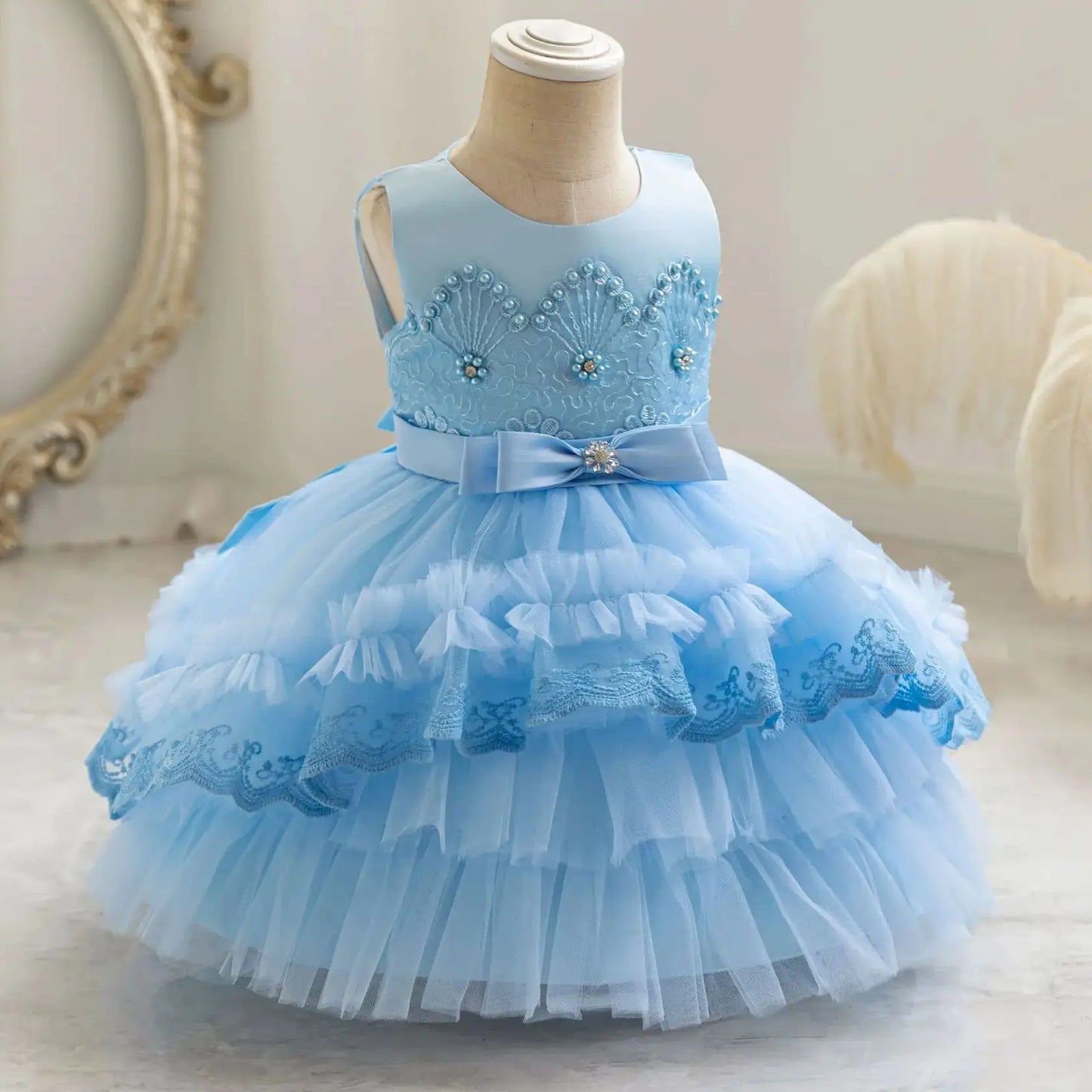 Party Dresses For Girl Formal Prom Wedding Dress Beaded Embroidery Mesh Princess Dress For Infant Baby 1st Birthday Baptism Gown