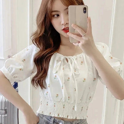 Sweet Broken Flower Women Short Shirts Elegant O-Neck Bow Tie Blouses Korean Fashion Elastic Waist Puff Sleeve Blouses 2025 New