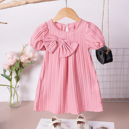 Baby Girl Summer Dresses Solid Colour Casual Fashion Bow Design Sweet and Cute Children's Clothing Hot Sale 2024 New