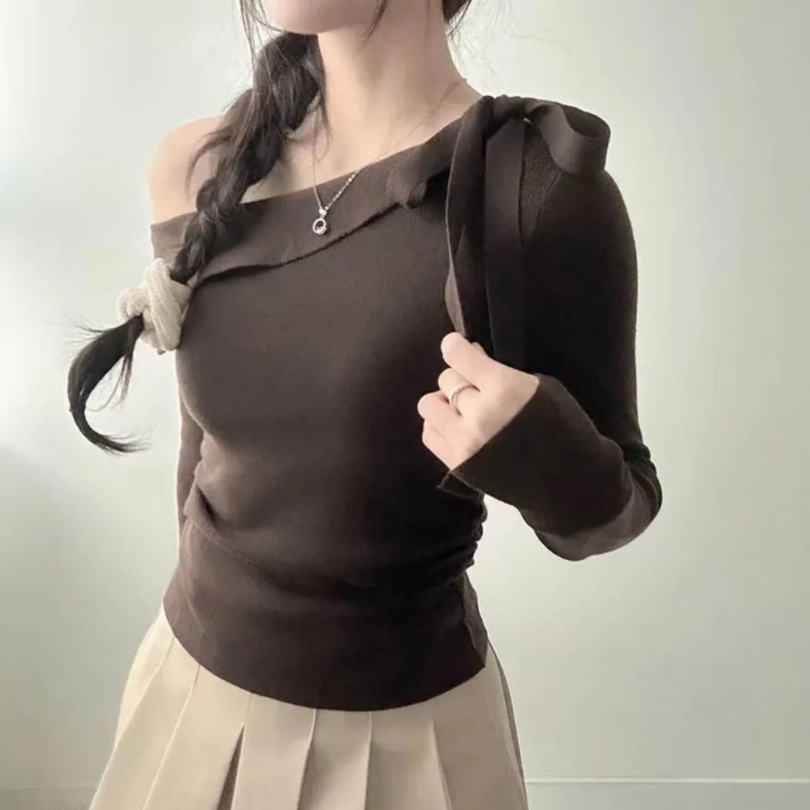 Women's Knitted Sweater Chic oulder Bow Design Long Sve Sweet Inner Wear Base irt Korean Sle Faionable Top