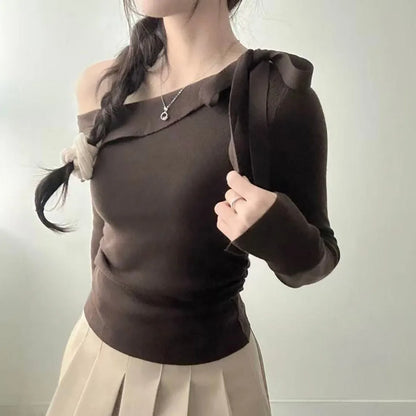 Women's Knitted Sweater Chic oulder Bow Design Long Sve Sweet Inner Wear Base irt Korean Sle Faionable Top