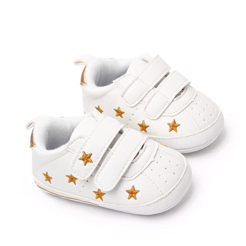 Baby White PU Sneaker Non-slip for Toddler Boys and Girls Cute Embroidery Stars and Hearts