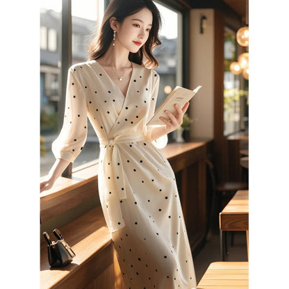 French retro dots V collar childen's summer 2025 new style elegant long dress