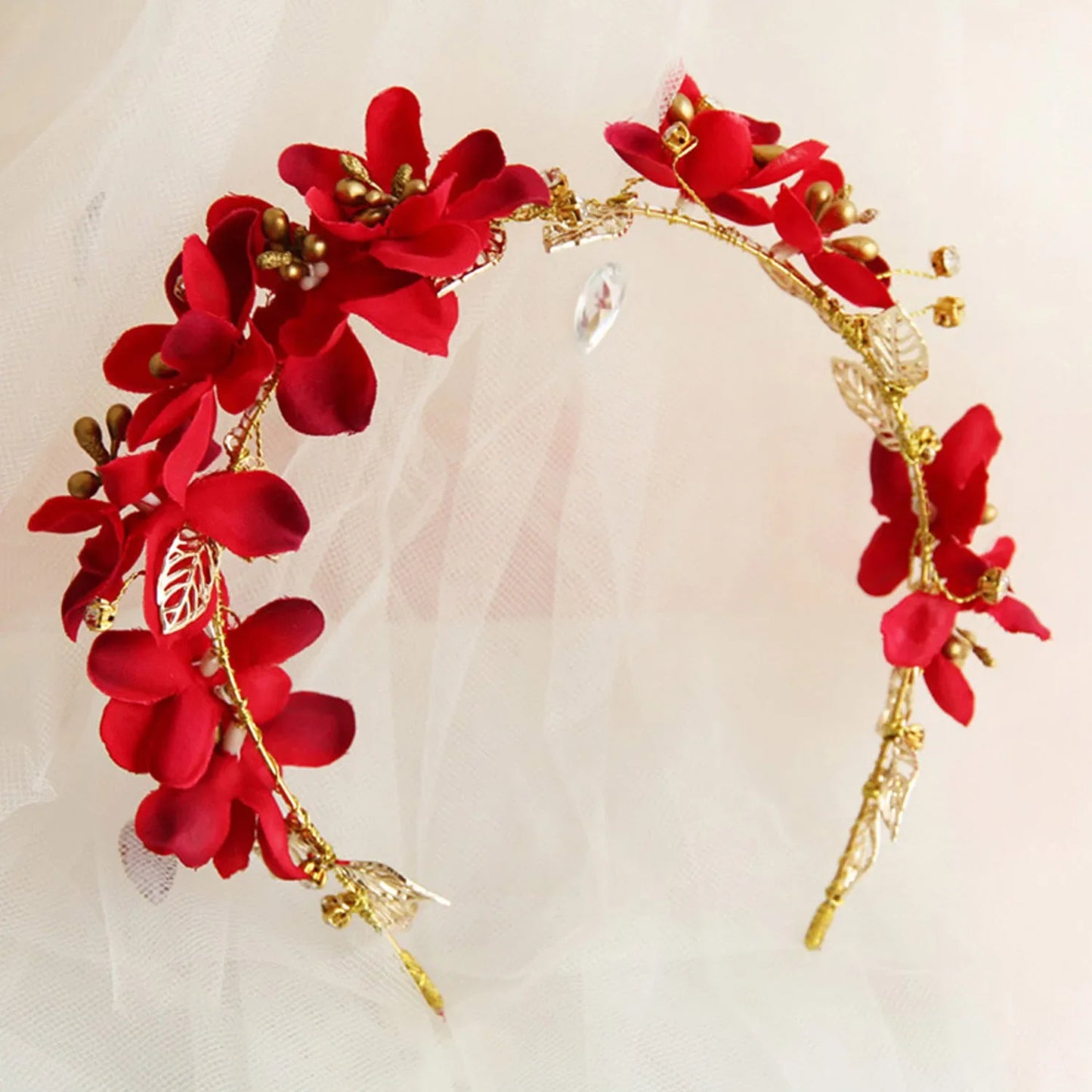 Artificial Flower Hairband Wedding Tiaras For Women Red Floral Pearl Headband Elegant Girls Hair Hoop Bridal Headwear Jewelry