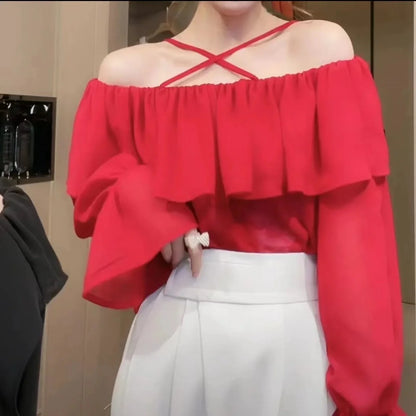 Ele Pure Color One-oulder ort Flared Sve Chiffon Top Women's Korean Sle Spring New Faion Loose Fit Top