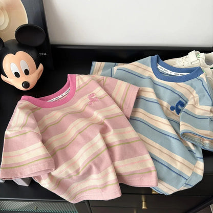Summer Cotton Children Striped Short Sleeved Embroidered T-shirt for Boys and Girls Korean Versatile Short T-shirts Fashion Top