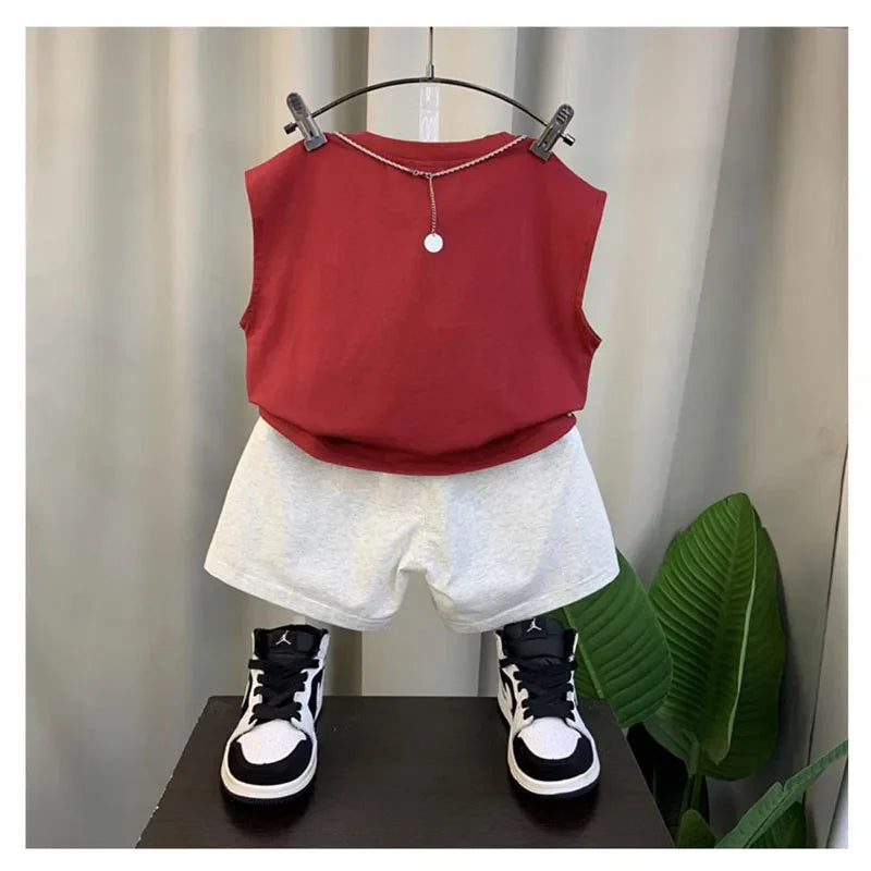 2024 Boy’s Loose Vest Sets Baby Casual Fashion Suit Summer New Children's Thin Sleeveless Round Neck Top Shorts 2Pcs 12M-6Years