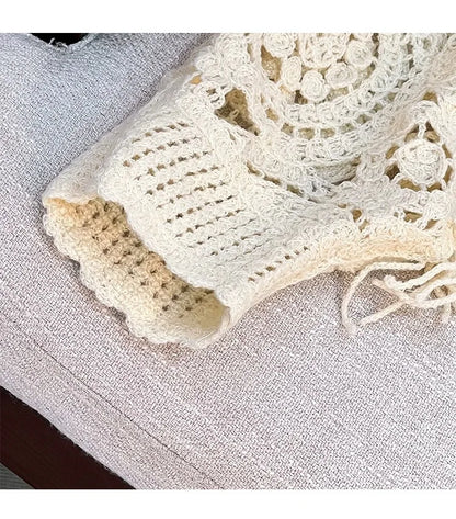 Women Tassel Hook Flower Hollow Out Short Knitting Retro Ethnic Style Round Neck Knitted Female Fashion Loose Top Spring Summer