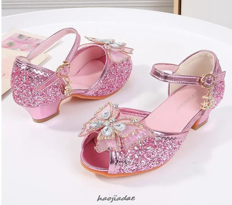 Summer High Heels Shoes for Girls Pageant Kids Sandals Child Mary Jane Shiny Princess Party Dress Up Shoes Purple Gold Pink Blue