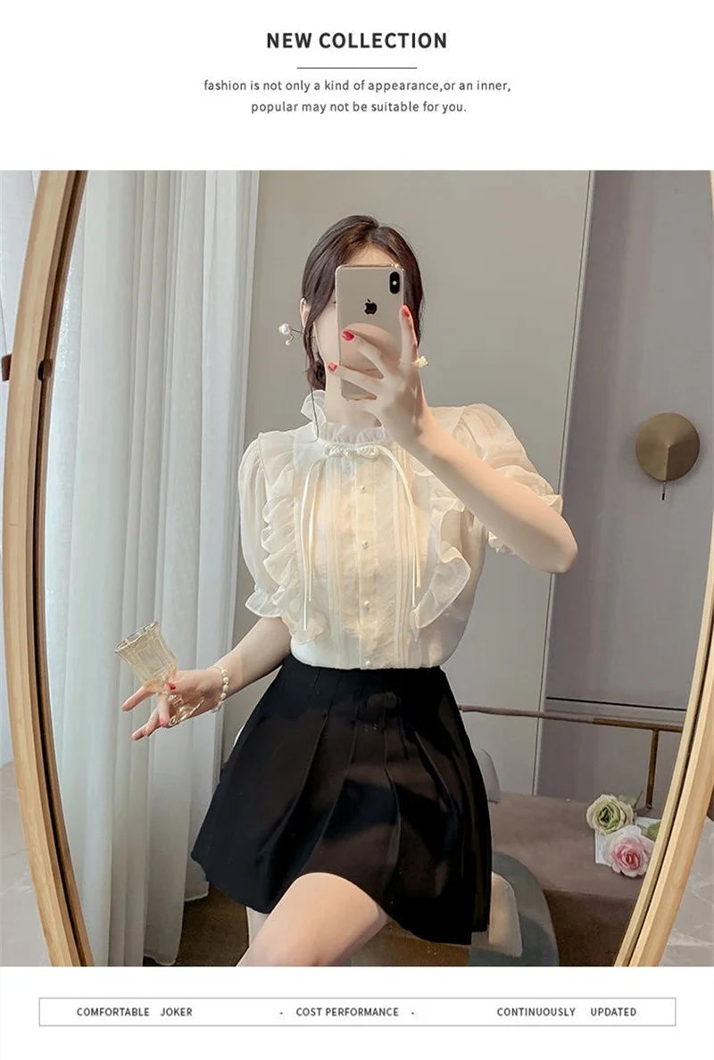 New Chinese Button French Ruffled Lace Gentle Chiffon Shirt 2025 Summer Fashion Temperament New Design Small Shirt Stylish Top