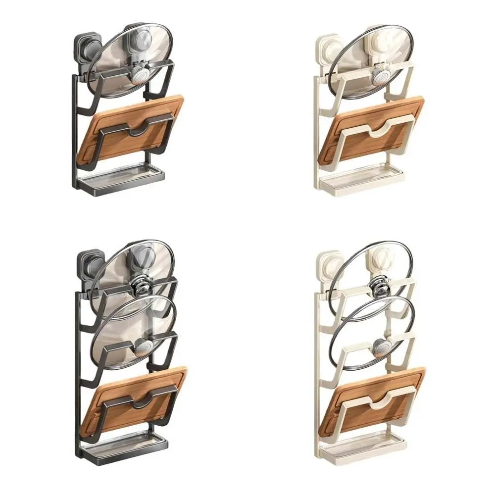 2Layers/3Layers Suction Cup Pot Lid Rack Cookware Storage Carbon Steel Pot Lids Holder Shelf Wall Mounted Space Saving