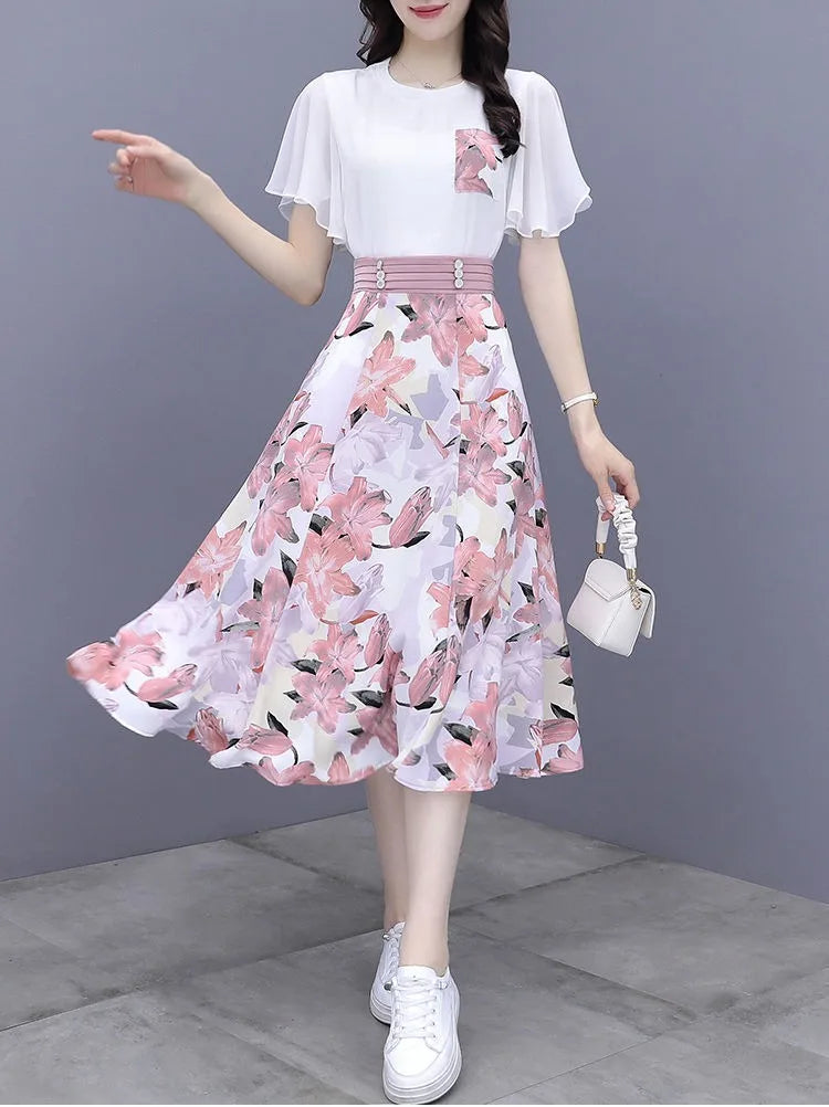 Floral Print Chiffon Dr Set Women's Summer Faion Slimming ular f-length Skirt Two-piece Set round Ne ort Sve