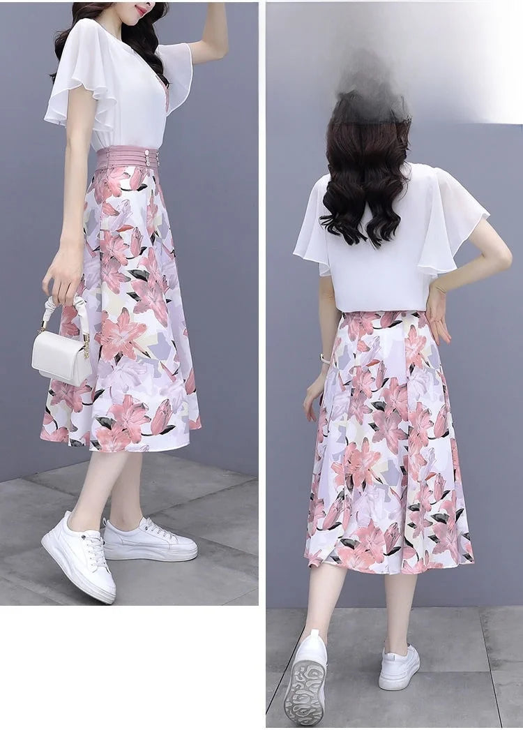 Floral Print Chiffon Dr Set Women's Summer Faion Slimming ular f-length Skirt Two-piece Set round Ne ort Sve