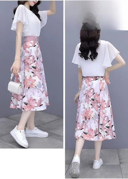 Floral Print Chiffon Dr Set Women's Summer Faion Slimming ular f-length Skirt Two-piece Set round Ne ort Sve