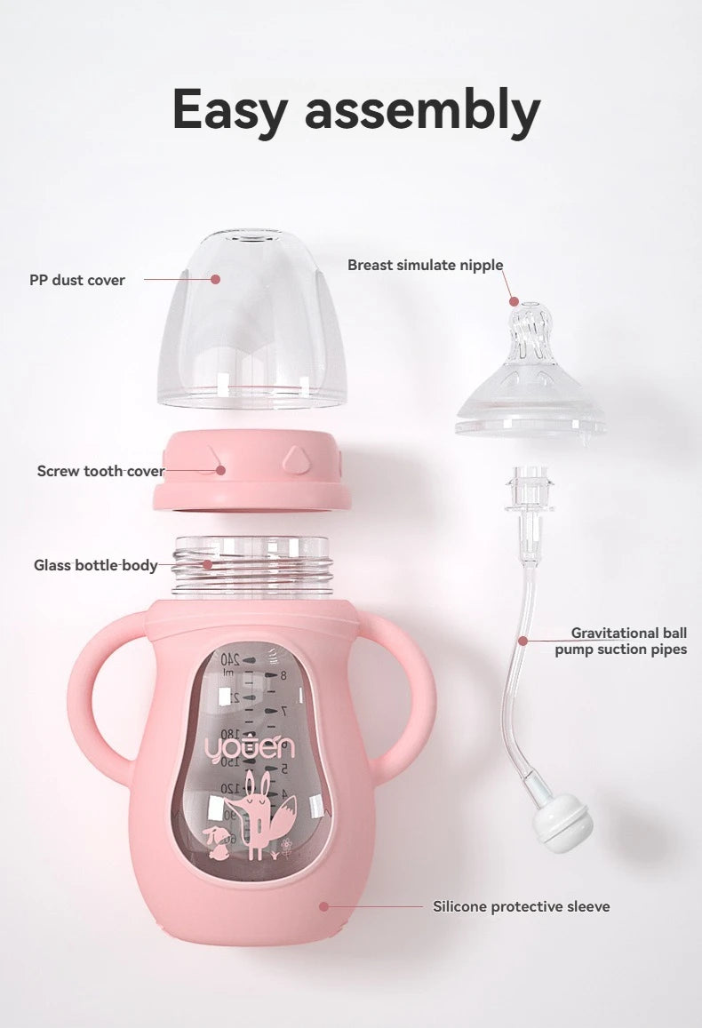 Wide Neck Glass Baby Bottle with Silicone Sleeve & Anti-Colic Straw Nipple – BPA-Free Newborn Feeding Set for Weaning Transition