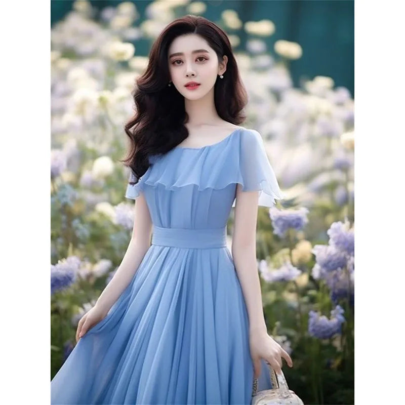 Seaside Vacation Gentle Wind Blue Long Dress Women Dress Summer Autumn Beautiful  Chiffon Dress Waist Cinching Fairy Dresse