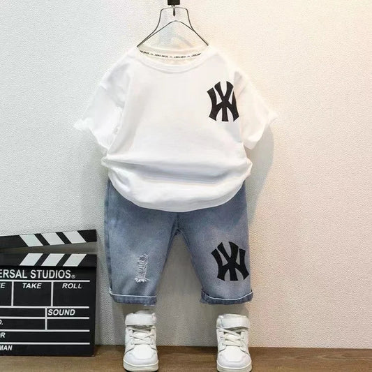 Short Sleeve Set Baby Boys Clothes Fashion Jeans Shorts Outfits Korean Casual Kids Cotton 2pcs Sport Clothing