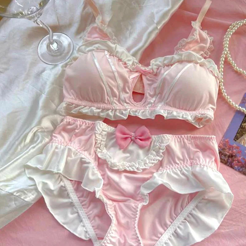 Japanese Lolita Underwear Women's Small Chest Gathering Without Underwire Sexy Bra Soft Comfortable Thin Underpants Bra Set Gift