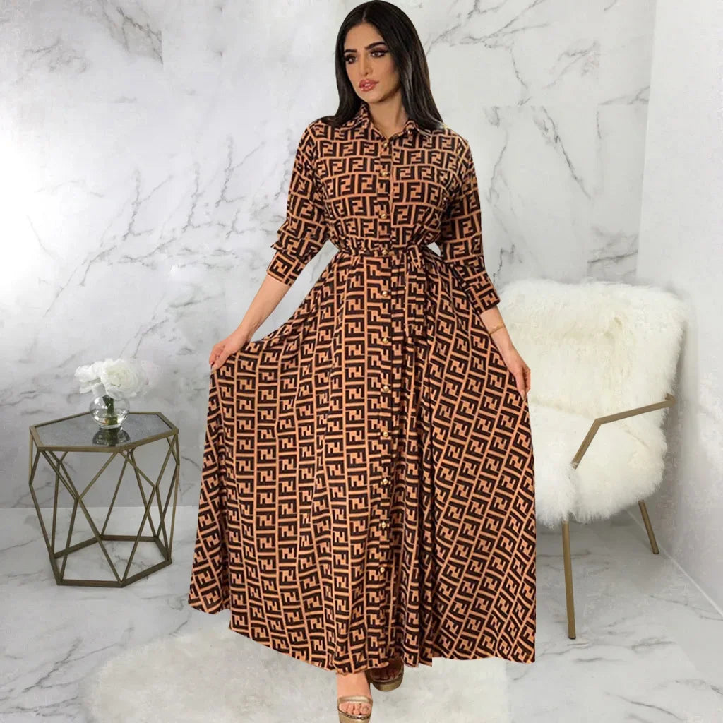 Women's Fashion  New Sexy Elegant Dress Temperament Digital Printing Long Shirt Dress Ladies Elegant Commuter Casual Dress
