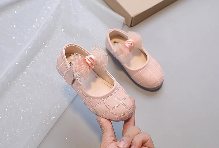 Korean Style Kids Solid Color Embroidered Leather Shoes Girls Big Bow Mesh Flower Princess Flat Dance Shoes