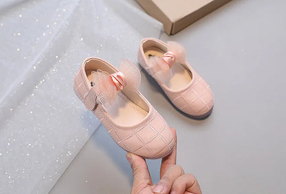 Korean Style Kids Solid Color Embroidered Leather Shoes Girls Big Bow Mesh Flower Princess Flat Dance Shoes