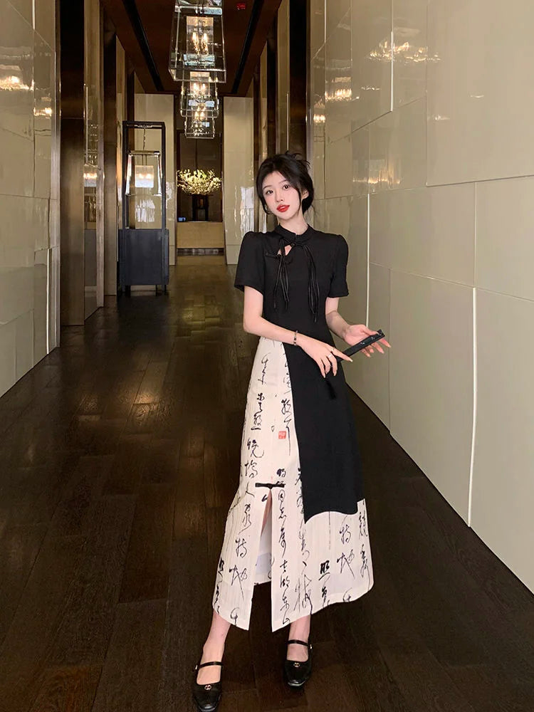 New Chinese Style High Grade Irregular Calligraphy Half Body Dress Fashion Qipao Two Piece Set Skirt Women's Summer Hanfu Suit