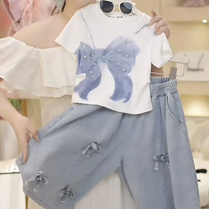 2025 Summer Girls Three-dimensional Bow Round Neck Solid Color Short Sleeve Fashionable Versatile Bow Culottes Two-piece Set