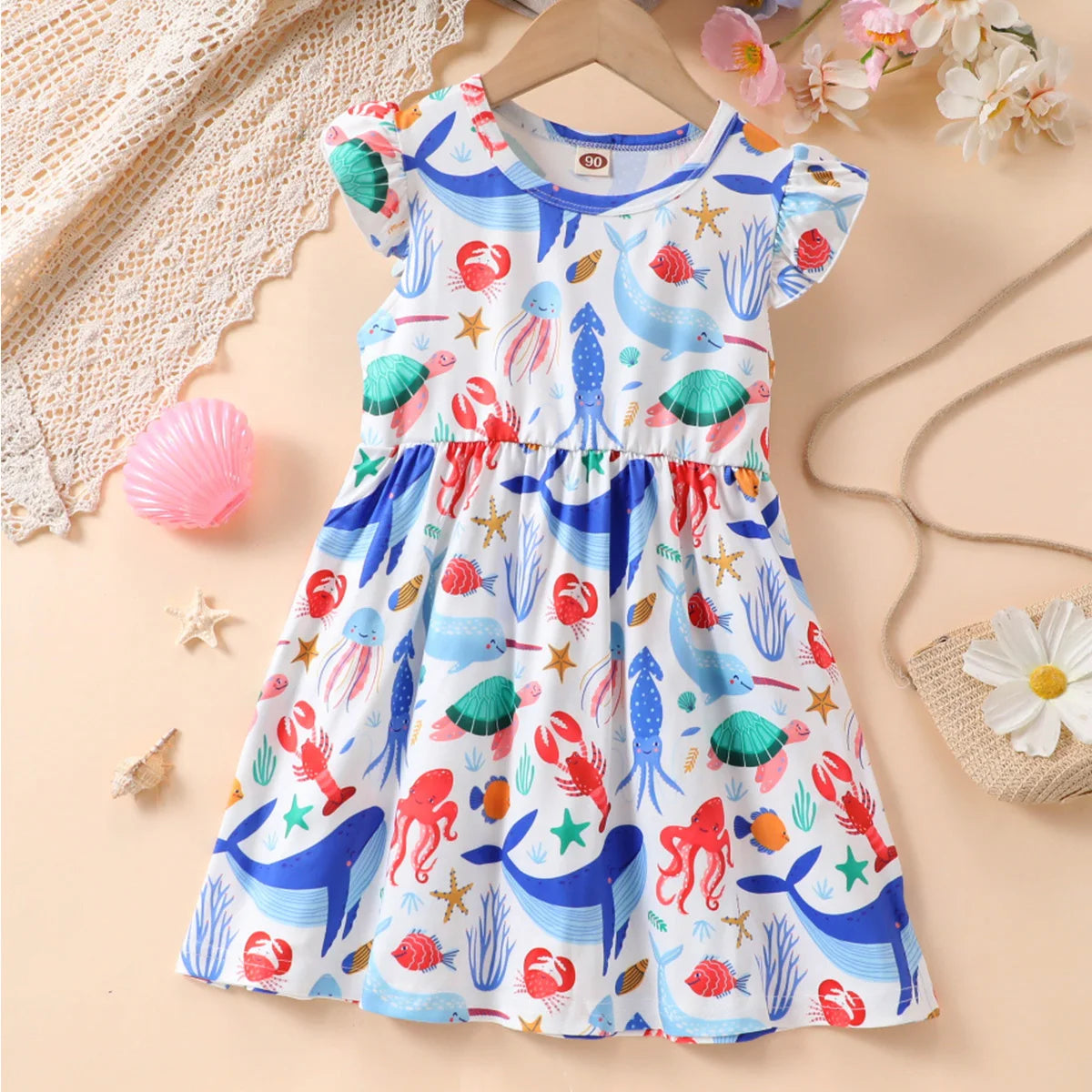 Summer Cute Girl Dresses Cartoon Pattern Flying Sleeve Kids Girls Party Dresses 2 To 8 Years Kids Casual Clothes