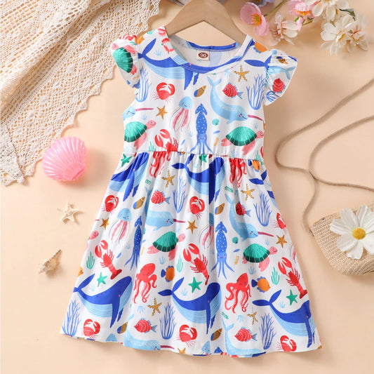 Summer Cute Girl Dresses Cartoon Pattern Flying Sleeve Kids Girls Party Dresses 2 To 8 Years Kids Casual Clothes
