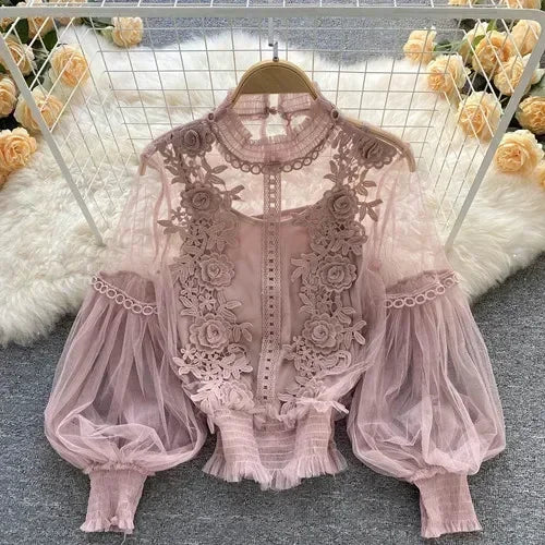 Lace Puff Long Sleeve Blouse Vintage Fashion Blouses Elegant Femme Blusas Korean Woman Tops Women Shirts Clothing Dropshipping