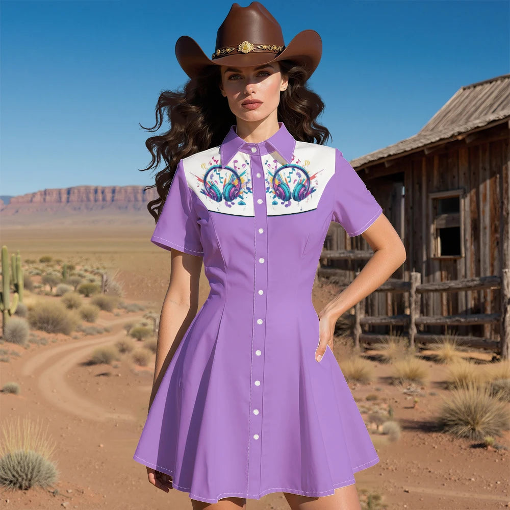 Women's Western Shirt Dress with Music Notes and Dolphin Print Cowboy Collar Button Up Pure Cotton Midi Dress Casual Boho Style
